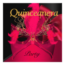 Quinceanera Red Black Gold Mask Masquerade Custom Announcements