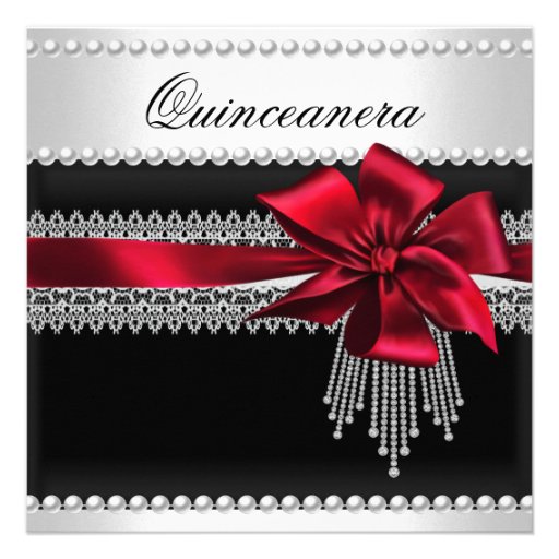 Quinceanera Red Bow Black Pearl Lace Diamond Custom Invitations