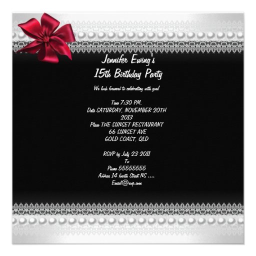 Quinceanera Red Bow Black Pearl Lace Diamond Custom Invitations