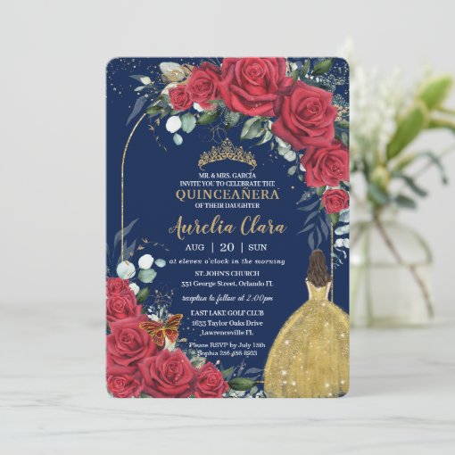 Quincea Era Red Roses Princess Yellow Dress Blue Invitation Zazzle