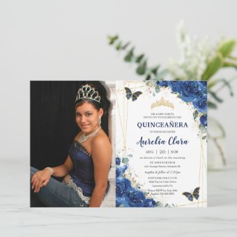 Quincea Era Royal Blue Floral Butterflies Birthday Invitation Zazzle