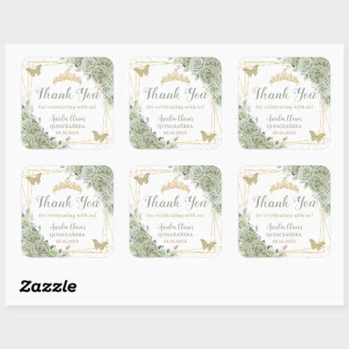 Quinceañera Sage Green Floral Gold Butterflies Square Sticker Zazzle