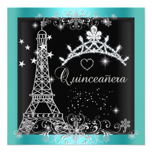 Quinceanera Teal Blue Glitter Tiara Eiffel Tower Invite