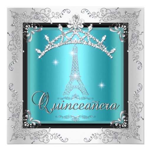 Quinceanera Teal Blue Silver Tiara Eiffel Tower Announcements (front side)