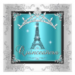 Quinceanera Teal Blue Silver Tiara Eiffel Tower Custom Invites