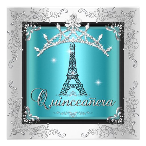 Quinceanera Teal Blue Silver Tiara Eiffel Tower Custom Invites (front side)