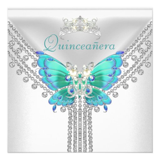 Quinceañera Teal Blue White Butterfly Diamond 2 Personalized Invitations