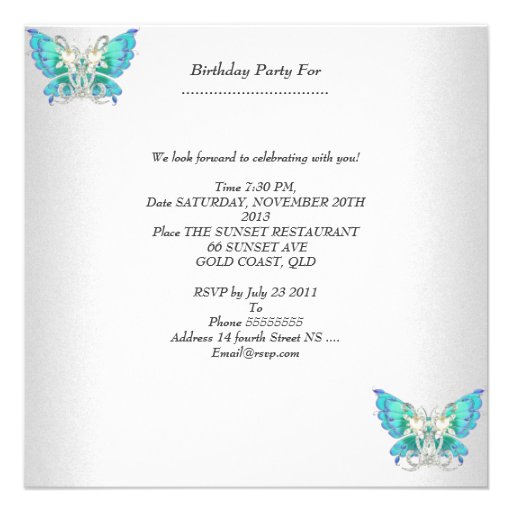 Quinceañera Teal Blue White Butterfly Diamond 2 Personalized Invitations