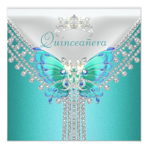 Quinceañera Teal Blue White Butterfly Diamond Card | Zazzle