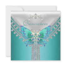 Quinceañera Teal Blue White Butterfly Diamond Invitations