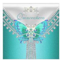 Quinceañera Teal Blue White Butterfly Diamond Invitations