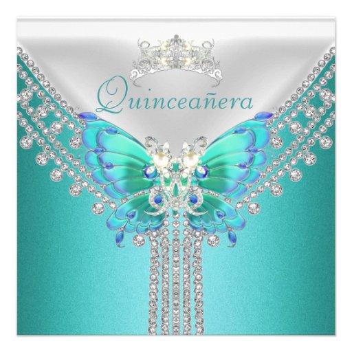 Quinceañera Teal Blue White Butterfly Diamond Invitations