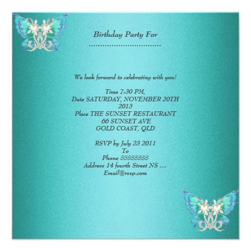 Quinceañera Teal Blue White Butterfly Diamond Invitations