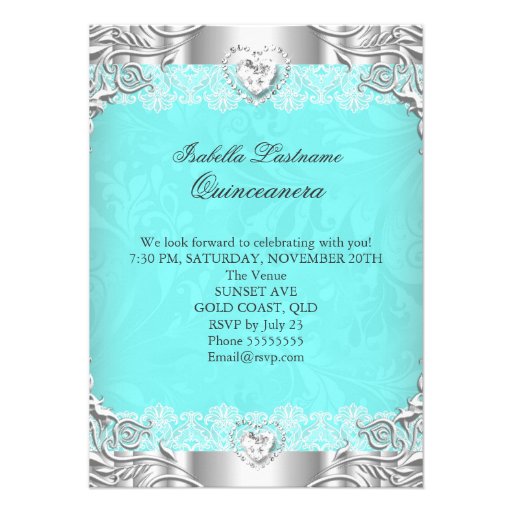 Quinceanera Teal Silver Diamond Tiara 15th Party Custom Invitations