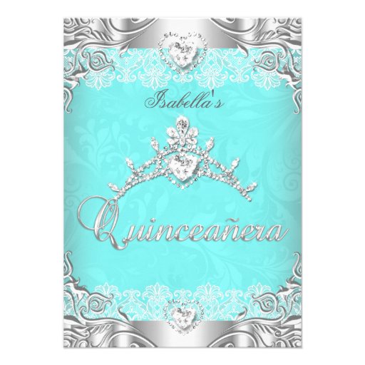 Quinceanera Teal Silver Diamond Tiara 15th Party Custom Invitations