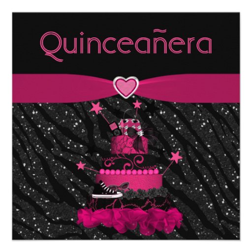 Quinceanera Trendy Pink Cake & Zebra Stripes Custom Invites