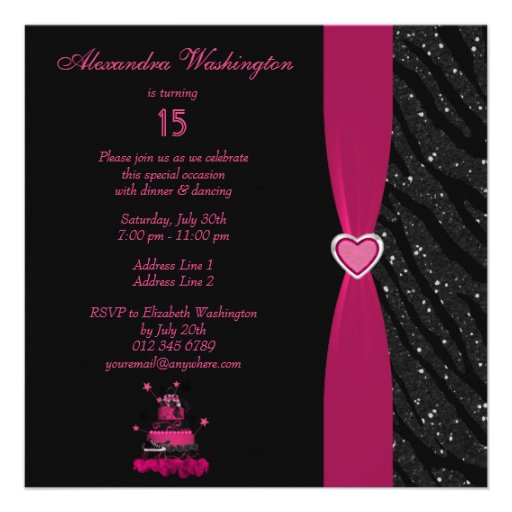 Quinceanera Trendy Pink Cake & Zebra Stripes Custom Invites