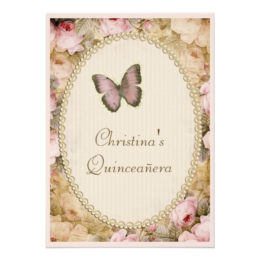 Quinceañera Vintage Roses Butterfly & Music Notes Personalized Announcement