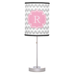 R is for Riley, Ruth or Rachel Pink Gray Monogram Table Lamp