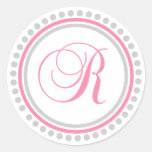 R Monogram (Pink / Silver Dot Circle) Round Sticker