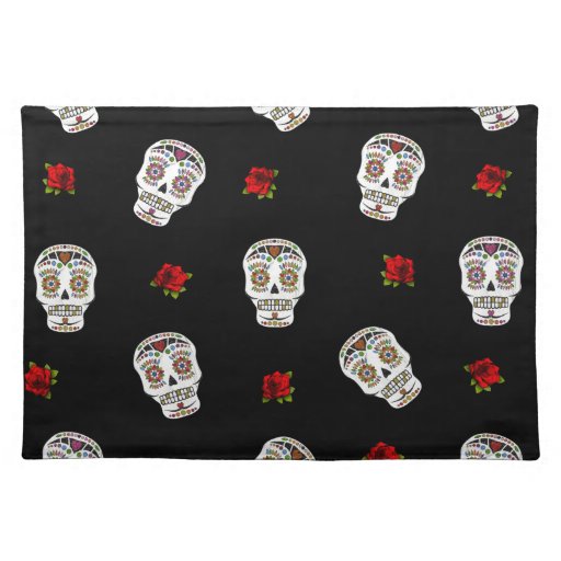 RAB Rockabilly Sugar Skulls Roses On Black Placemat Zazzle