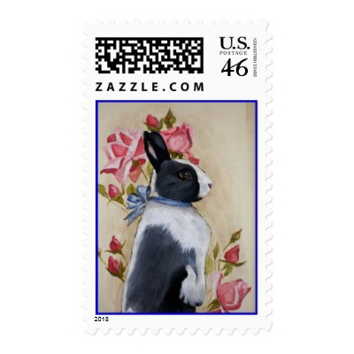 Rabbit and Roses Postage Stamp by Lesleysloft