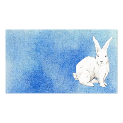 Black and white pencil sketch of a sweet white rabbit set against a blue 