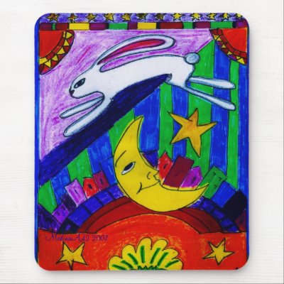rabbit flew over the moon, mouse mats by MedinaA42