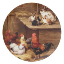 Rabbit rooster hens farm animals plate