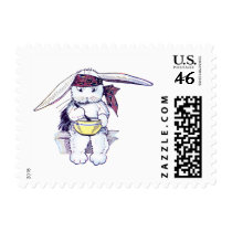 Rabbit Wearing Bandanna and Eating Cereal Postage Stamp