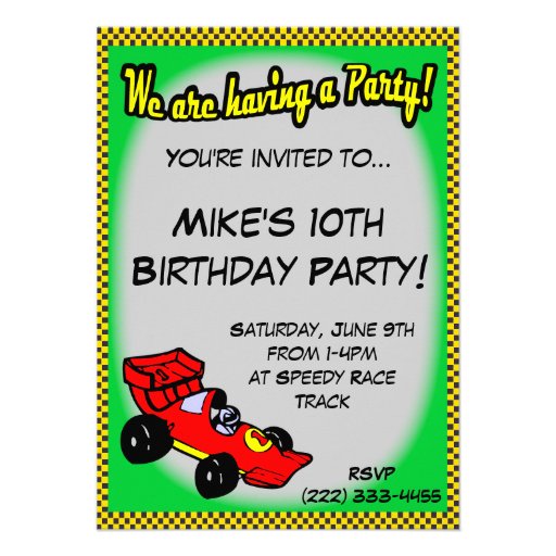 Race Car Birthday Invitations (front side)