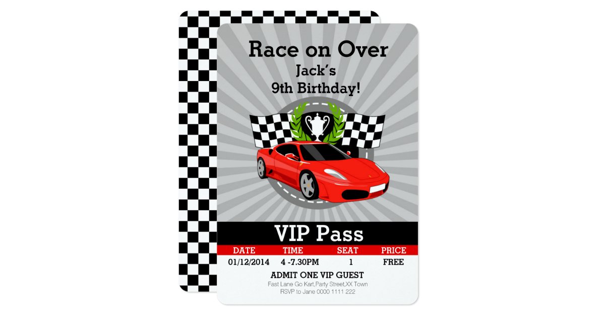 Race Car Vip Pass Birthday Invitation Card Zazzle 