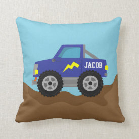 Racing Blue Monster Truck, for Boys Room Throw Pillows