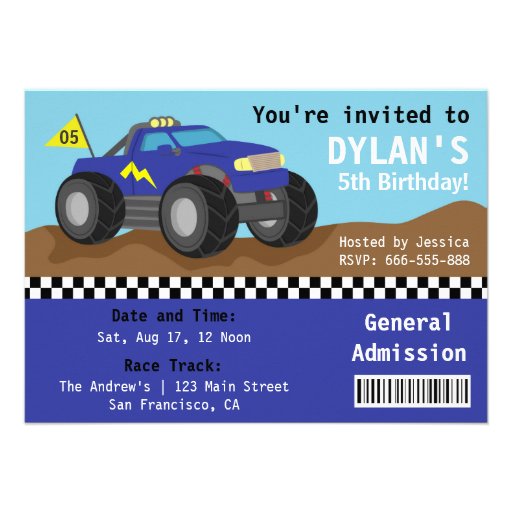 Racing Monster Truck Party, Blue Admission Ticket Personalized Invitation