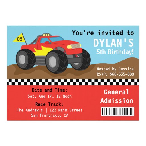 Racing Monster Truck Party, Boys Admission Ticket Custom Announcement
