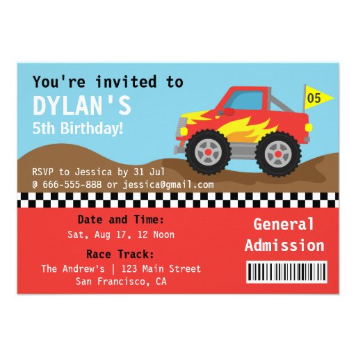 Racing Monster Truck Party, Boys Admission Ticket Announcement