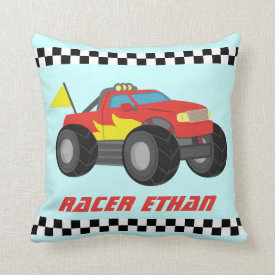 Racing Red Monster Truck, for Boys Room Throw Pillows