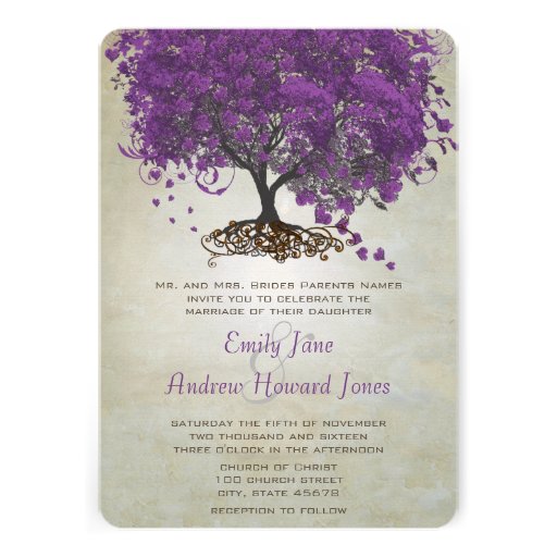 Radiant Orchid Purple Heart Leaf Tree Wedding Card