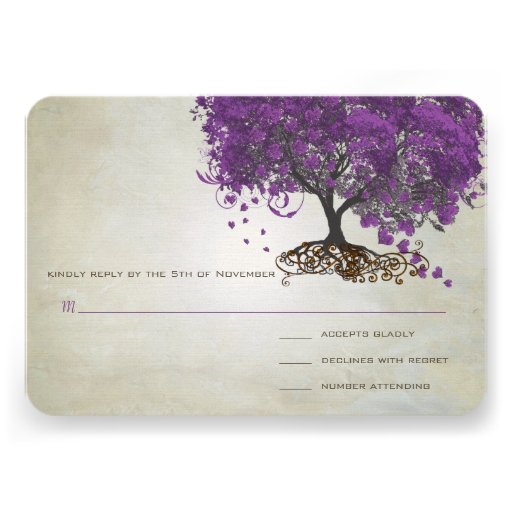 Radiant Orchid Purple Heart Leaf Tree Wedding Announcements