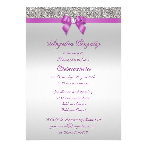 Radiant Orchid Quinceañera Silver Sequins Bow Invitations