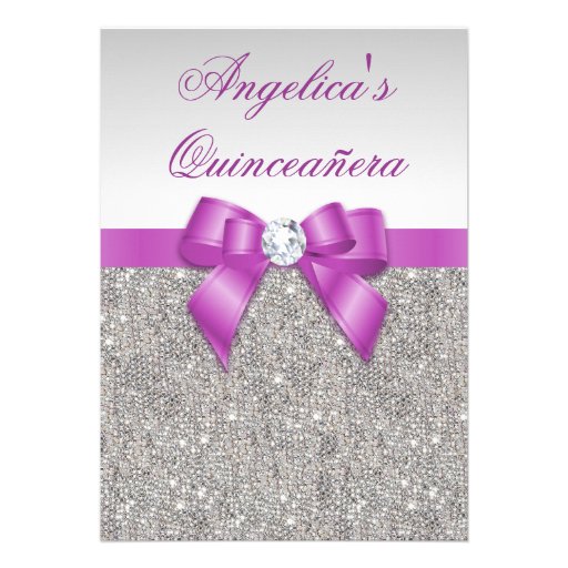 Radiant Orchid Quinceañera Silver Sequins Bow Invitations