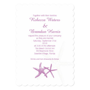 Radiant Orchid Starfish Couple Beach Wedding 5x7 Paper Invitation Card