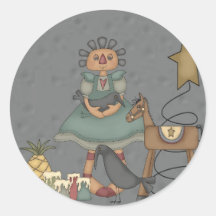 Rag Doll Primitive Horse Crow Tin Star Candles Round Sticker