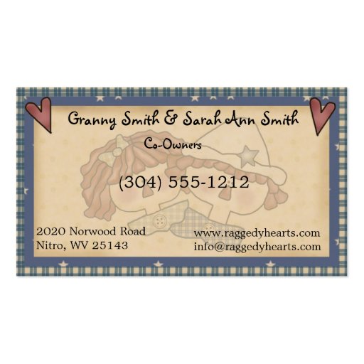 Raggedy Hearts Primitive Country Business Card (back side)
