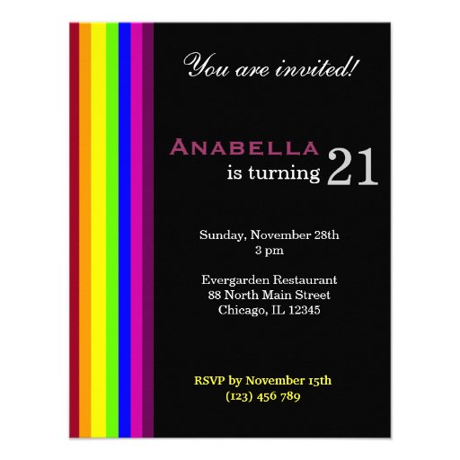 Rainbow 21st Birthday Personalized Invitations (front side)