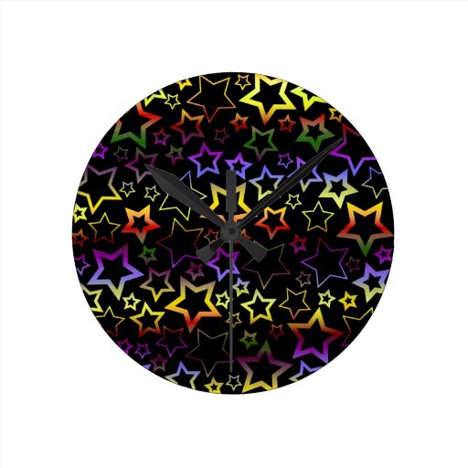 Rainbow and Black Stars Pattern Round Wall Clocks
