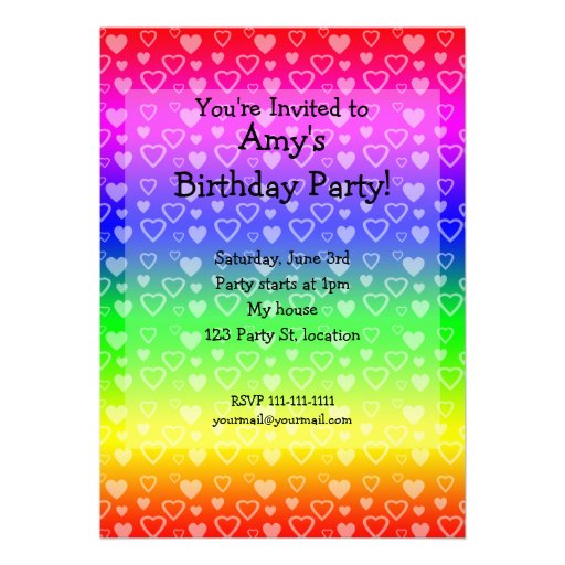 Rainbow birthday invitation hearts