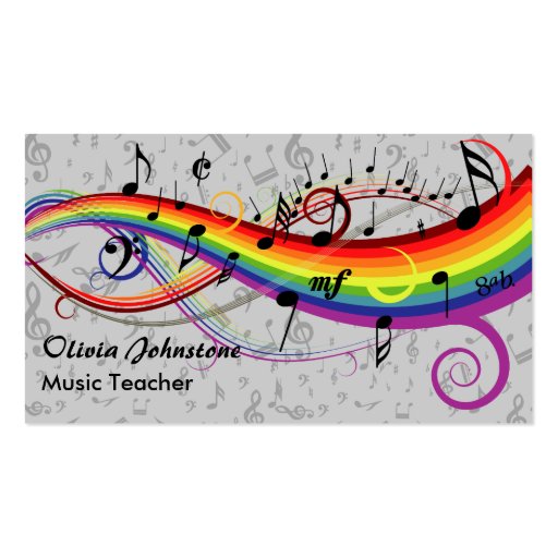 Rainbow Black Musical Notes on Gray Business Cards (front side)