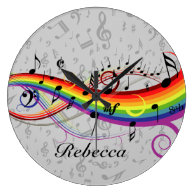 Rainbow Black Musical Notes on Gray Clock