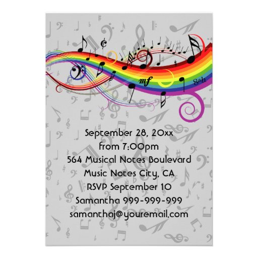 Rainbow Blck Music Notes  Birthday Party Personalized Invite